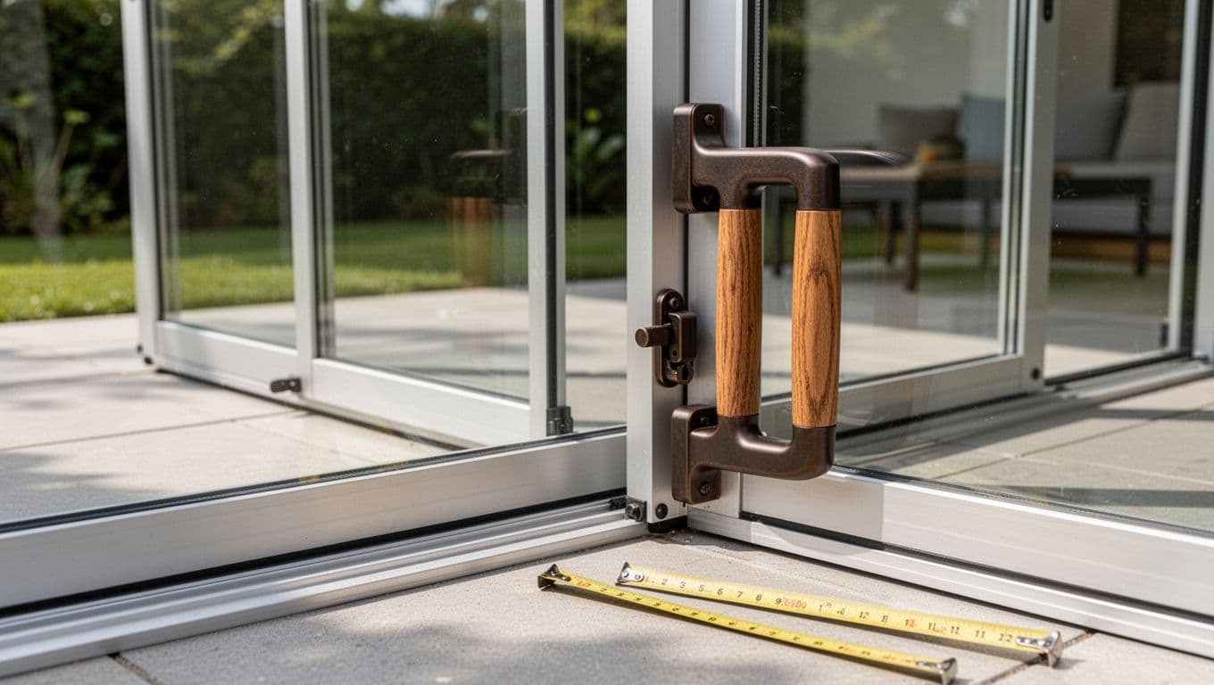 Oak retrofit handle fitted over sliding glass door hardware beside a measuring tape.