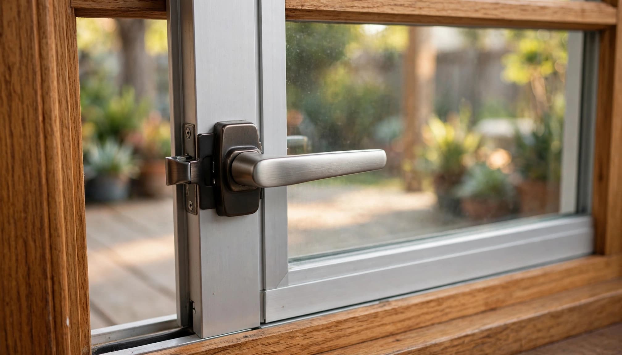Replacement handle aligned with latch hardware on a sliding glass door.