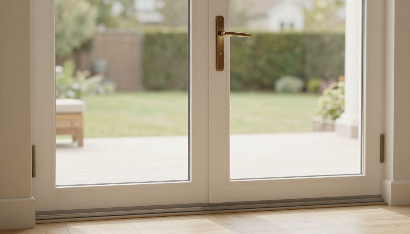 Closed glass slider with a centered retrofit handle, visible bottom track, and sunny patio beyond.