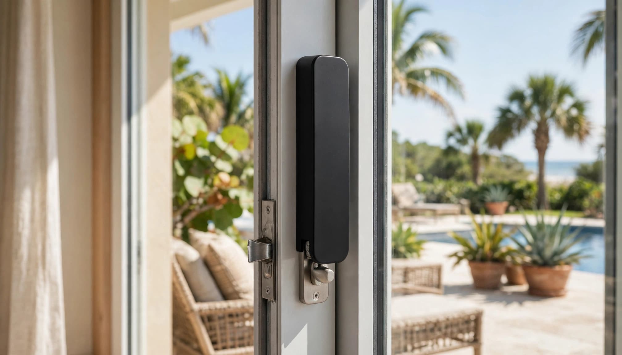 Retrofit handle covering existing hardware on a bright sliding glass door.