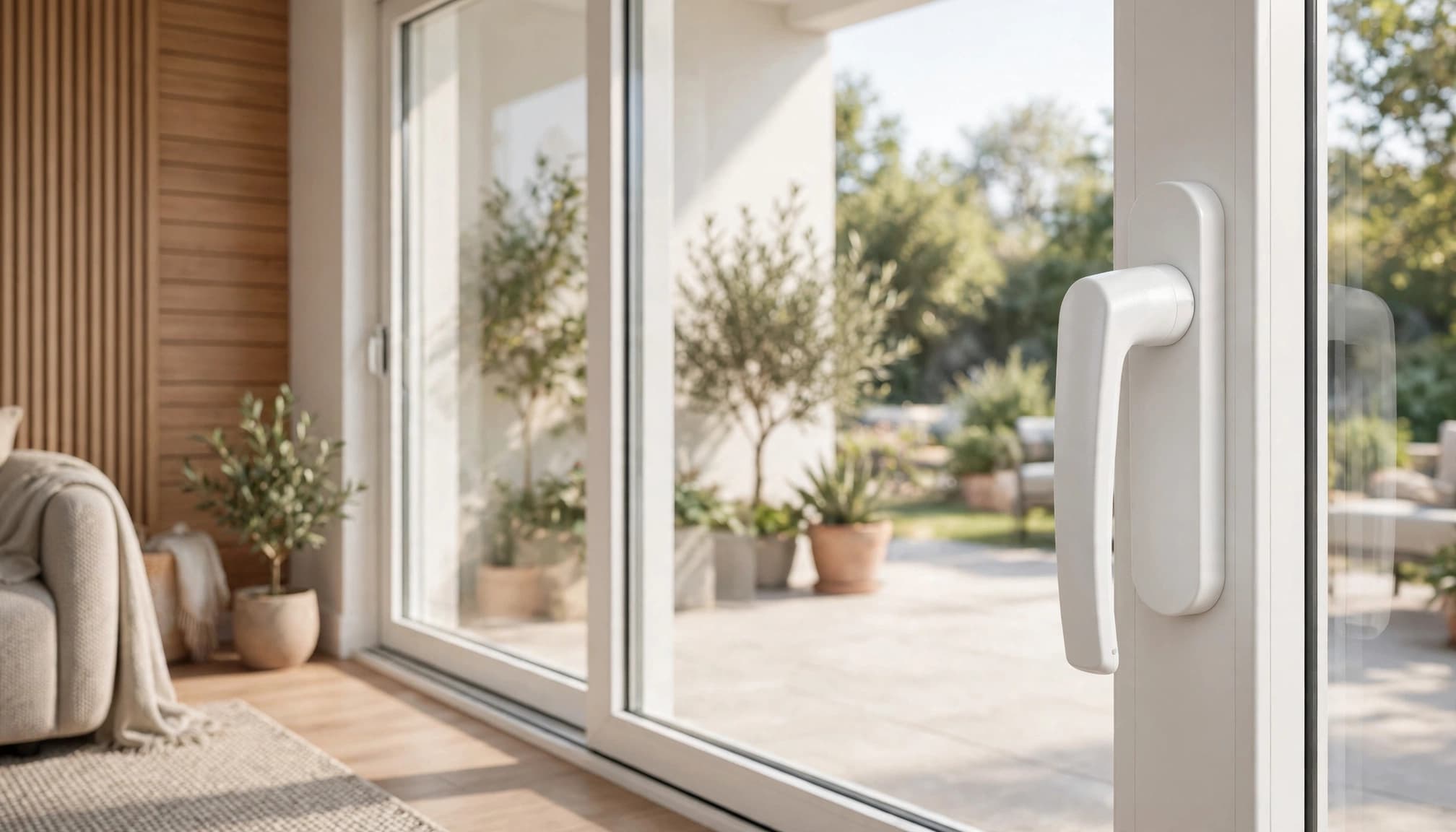 White replacement handle on a closed glass patio door in a bright living room.