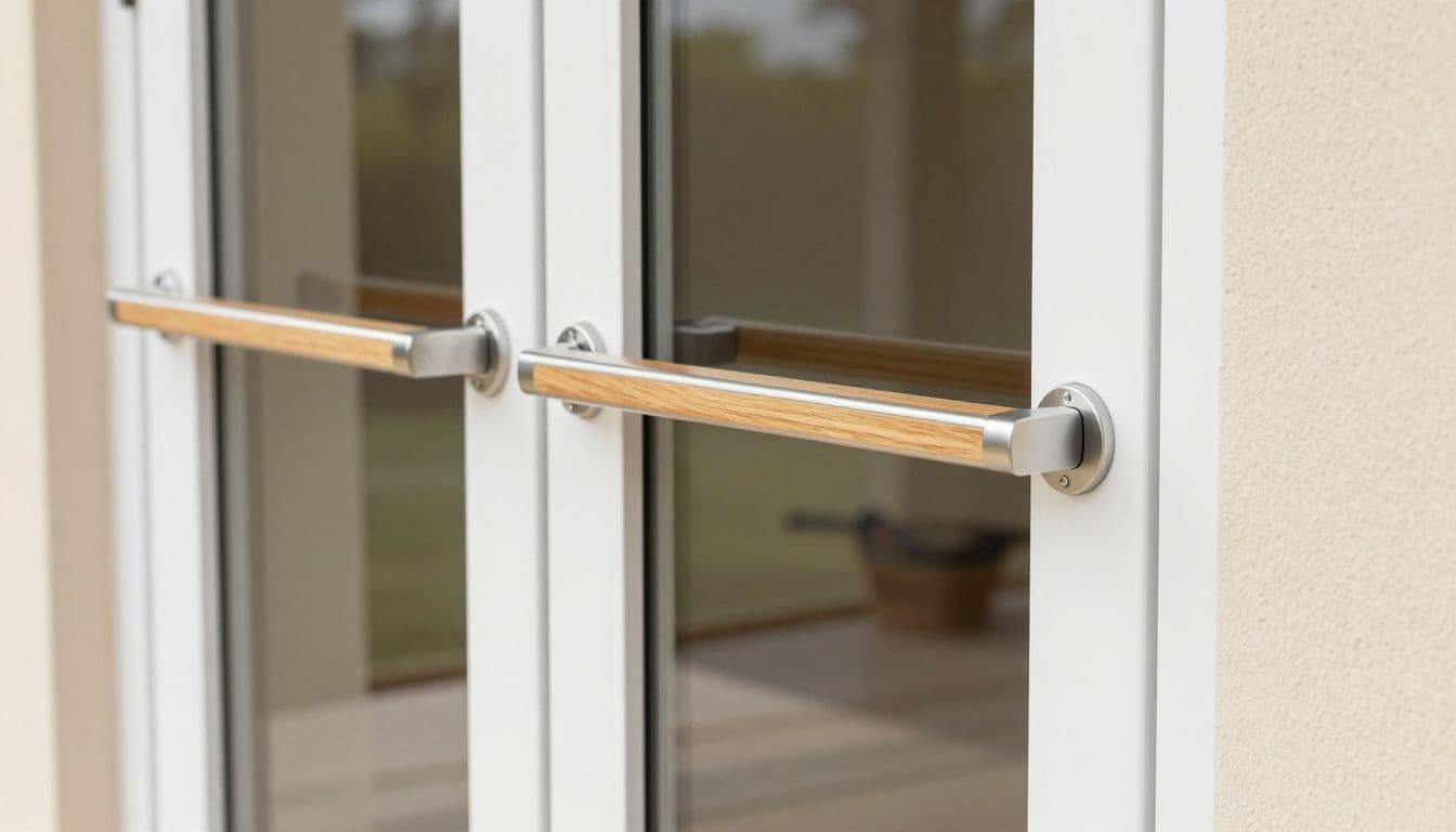Retrofit oak and steel handle on a white sliding glass door with a matching handle outside.