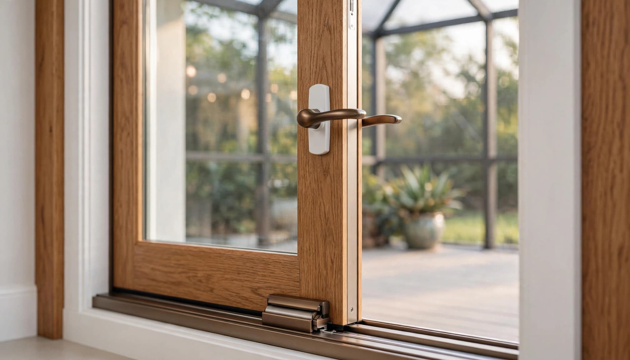 Finished sliding door handle and bottom guide aligned on a patio door.