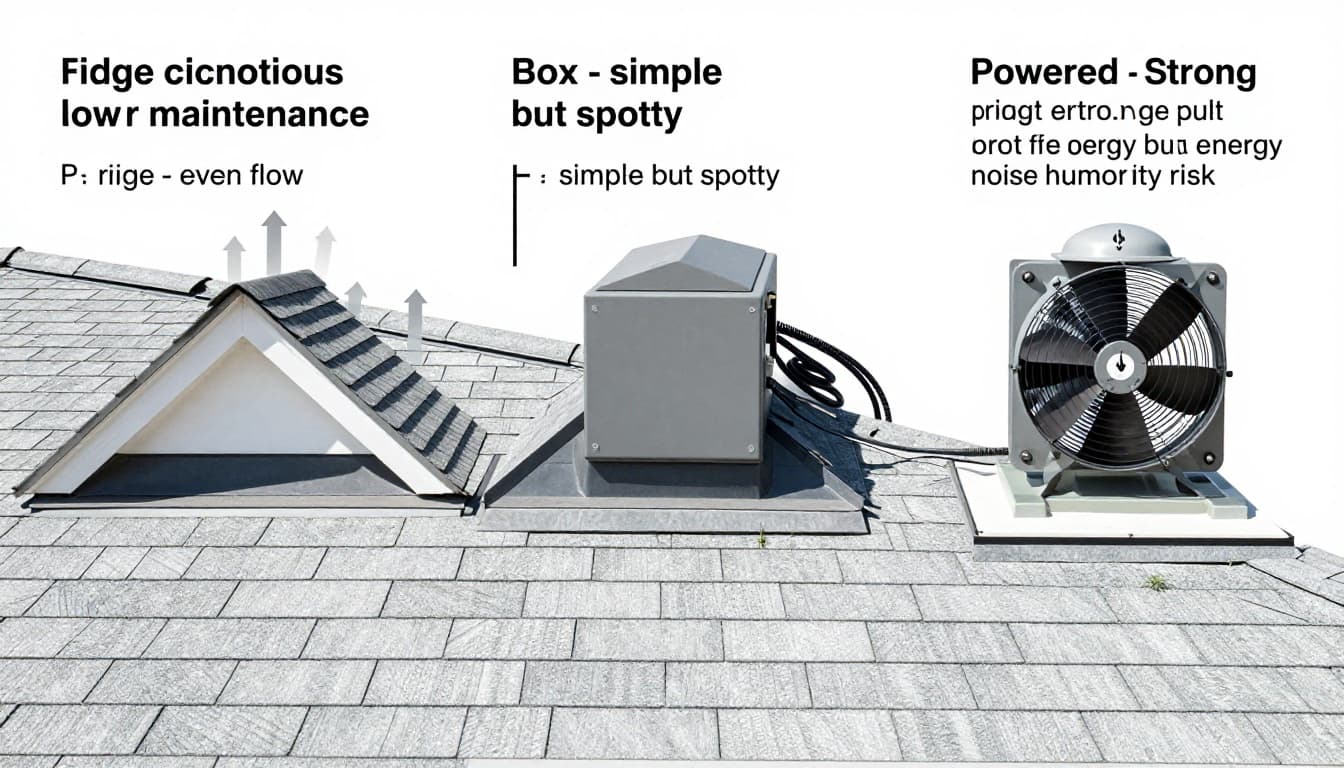 Clean technical diagram comparing ridge vent, box vent, and powered attic fan on a Southwest Florida shingle roof, with side-by-side sections, airflow arrows, and pros/cons callouts.