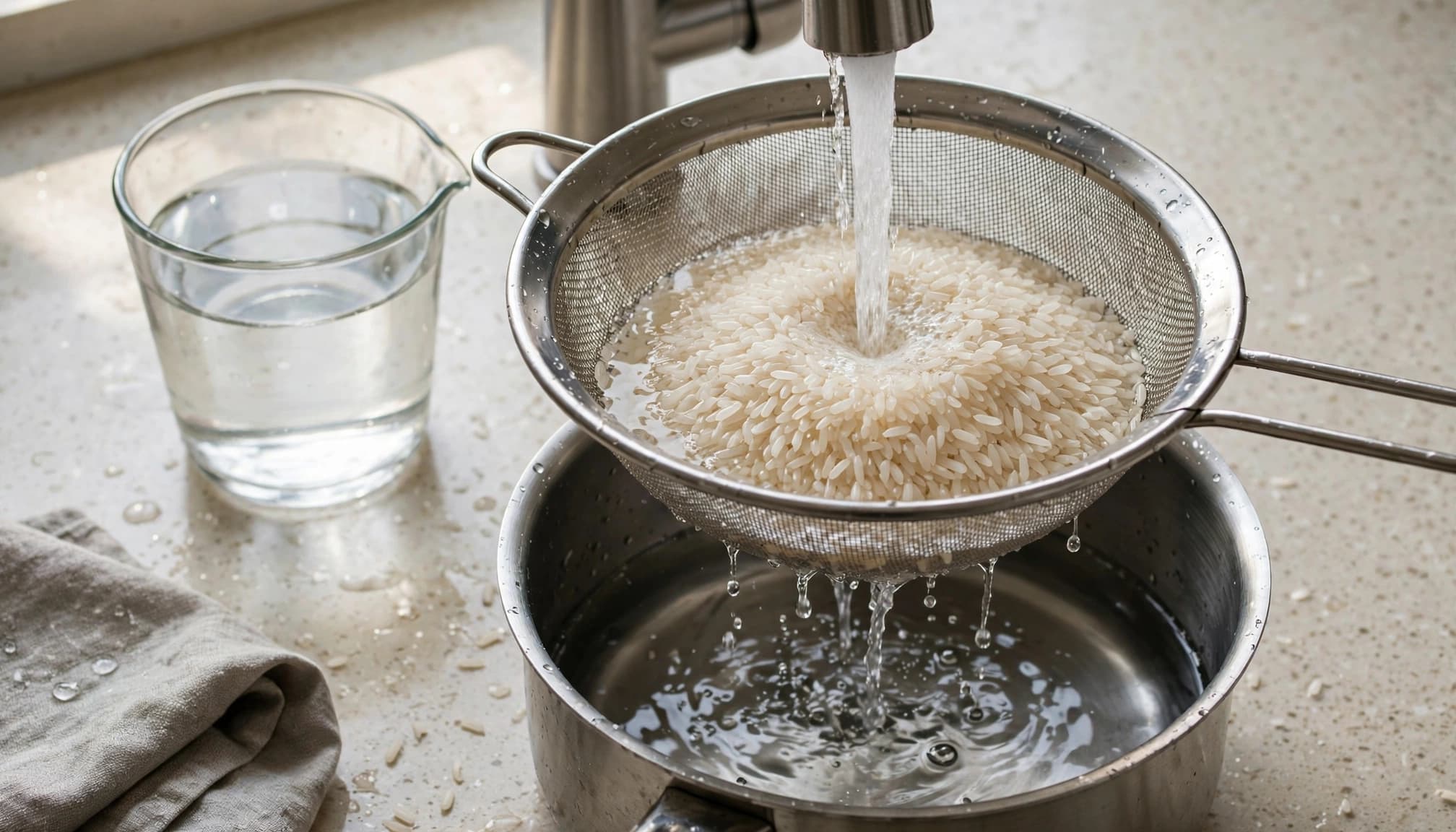 Uncooked rice being rinsed in a mesh strainer with water running from a faucet into a pot.