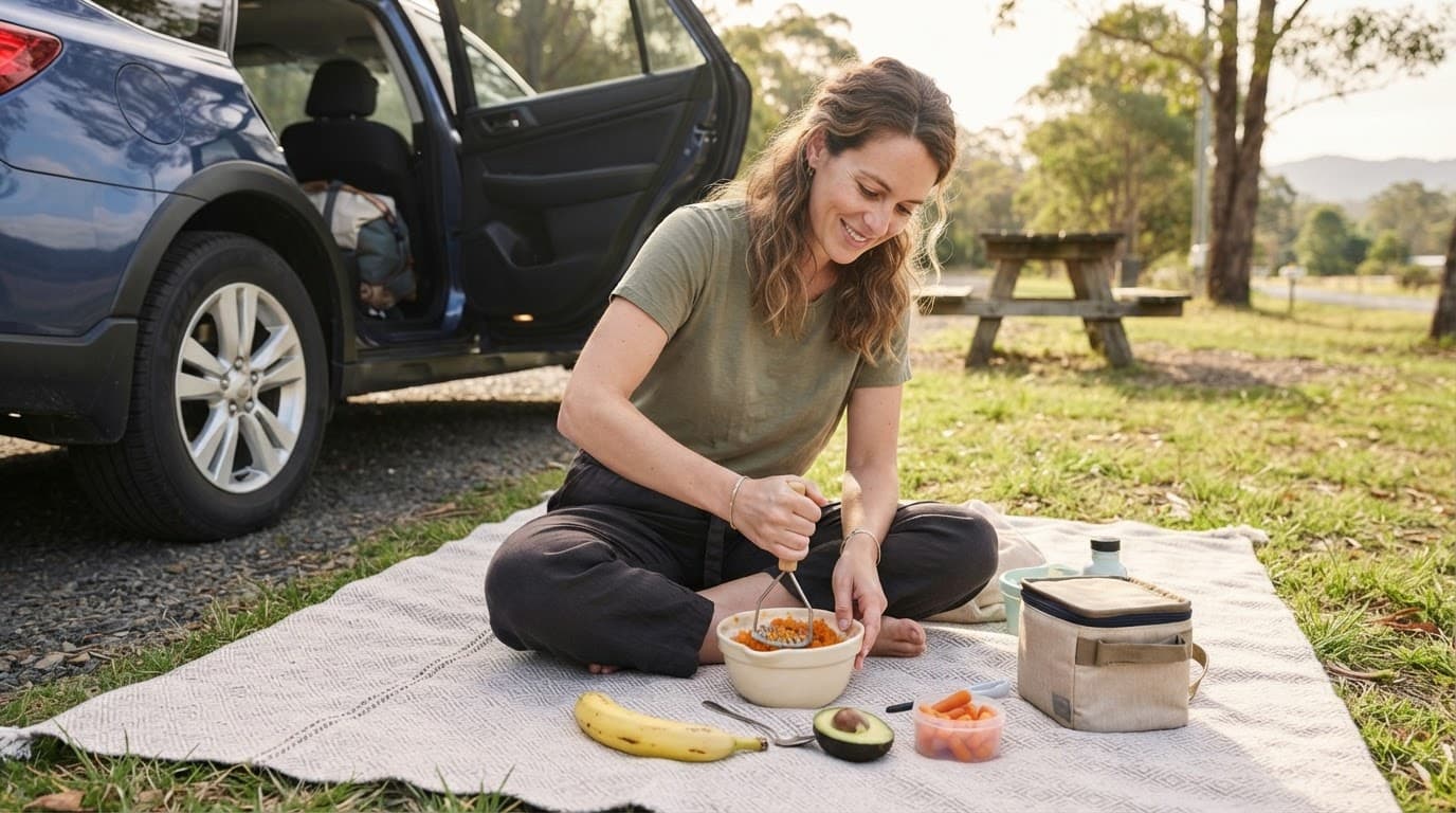 Mother mashes vegetables beside a family car with picnic foods nearby.