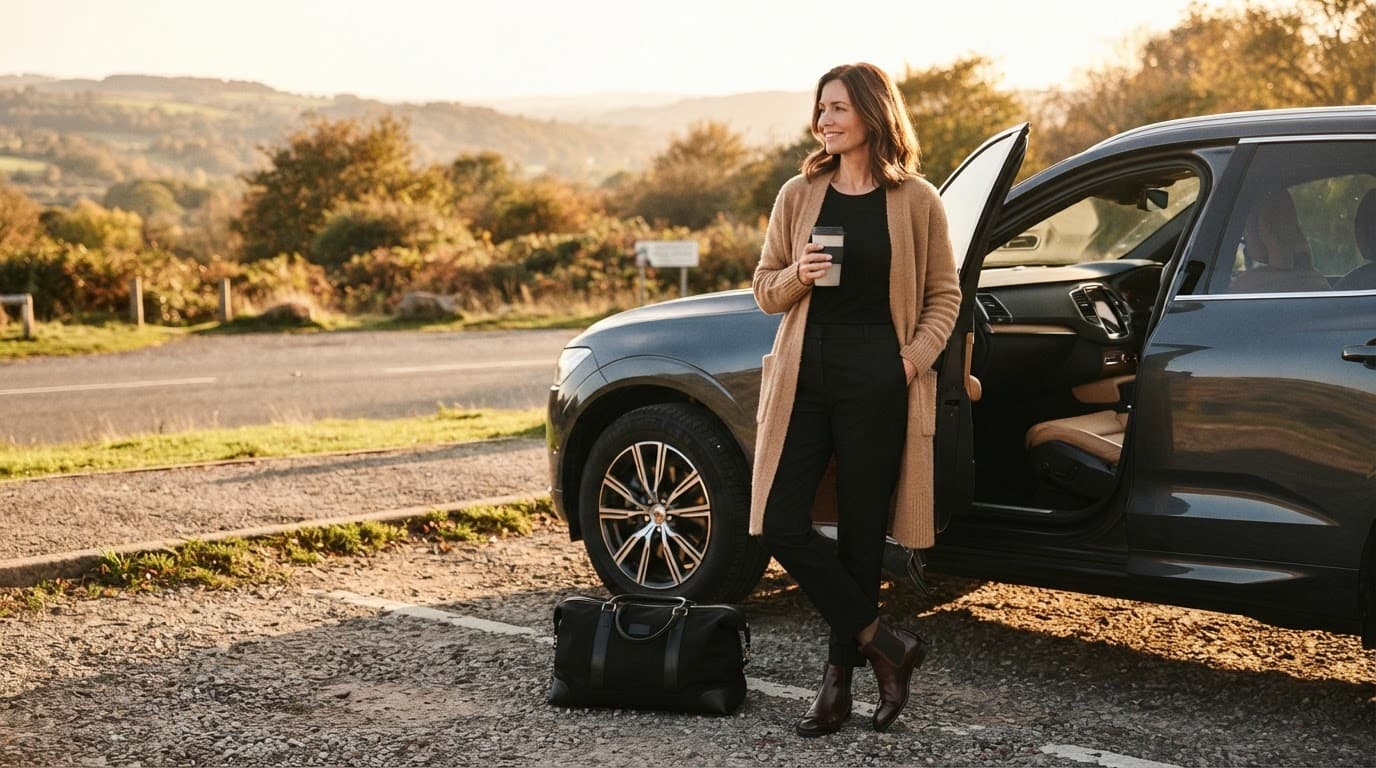 Woman in travel clothes stands beside a parked car with a weekender bag.