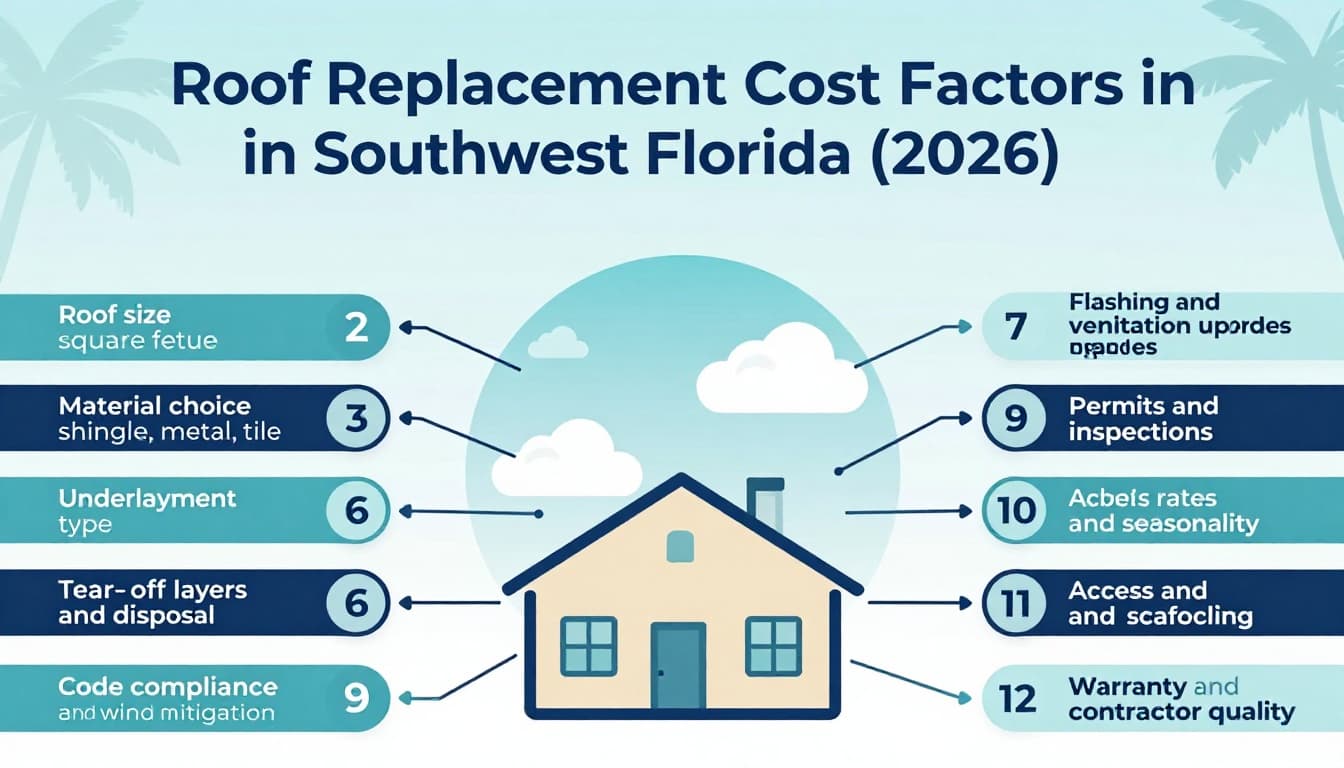 Clean, modern infographic in landscape ratio with a house icon under a partly cloudy sky and 12 numbered callouts detailing factors like roof size, material choice, labor rates, and more affecting replacement costs.