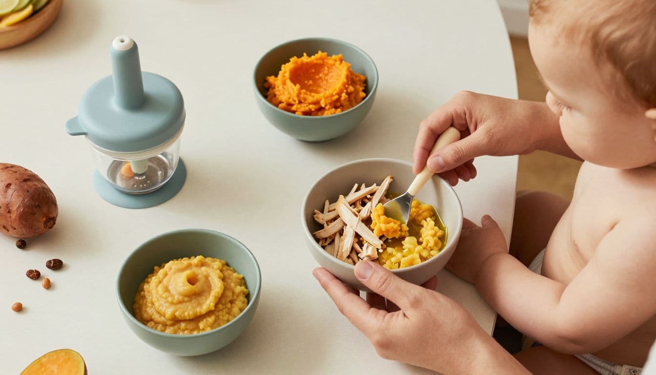 Caregiver prepares soft baby food in bowls beside a seated baby.