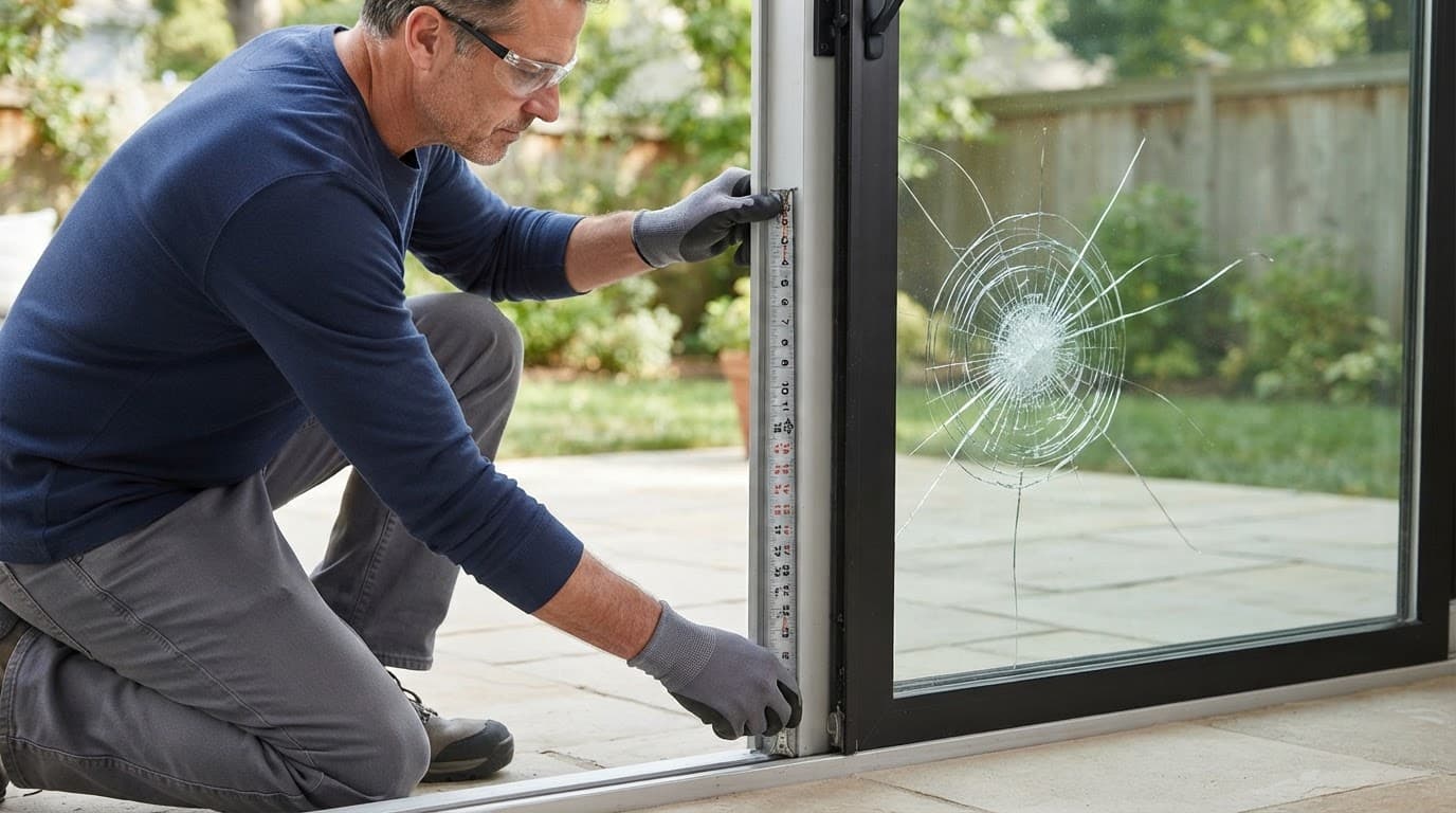 Gloved homeowner measuring a sliding door frame beside secured cracked glass.