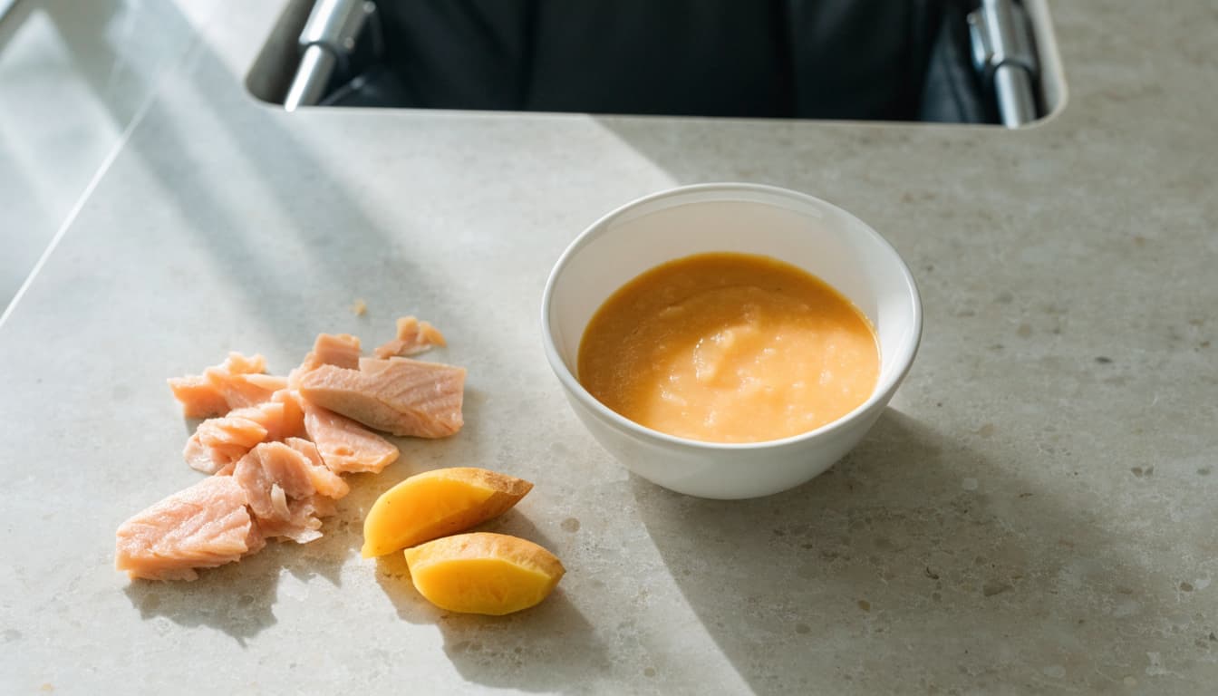 A bowl of salmon and sweet potato puree beside soft pieces and salmon flakes.