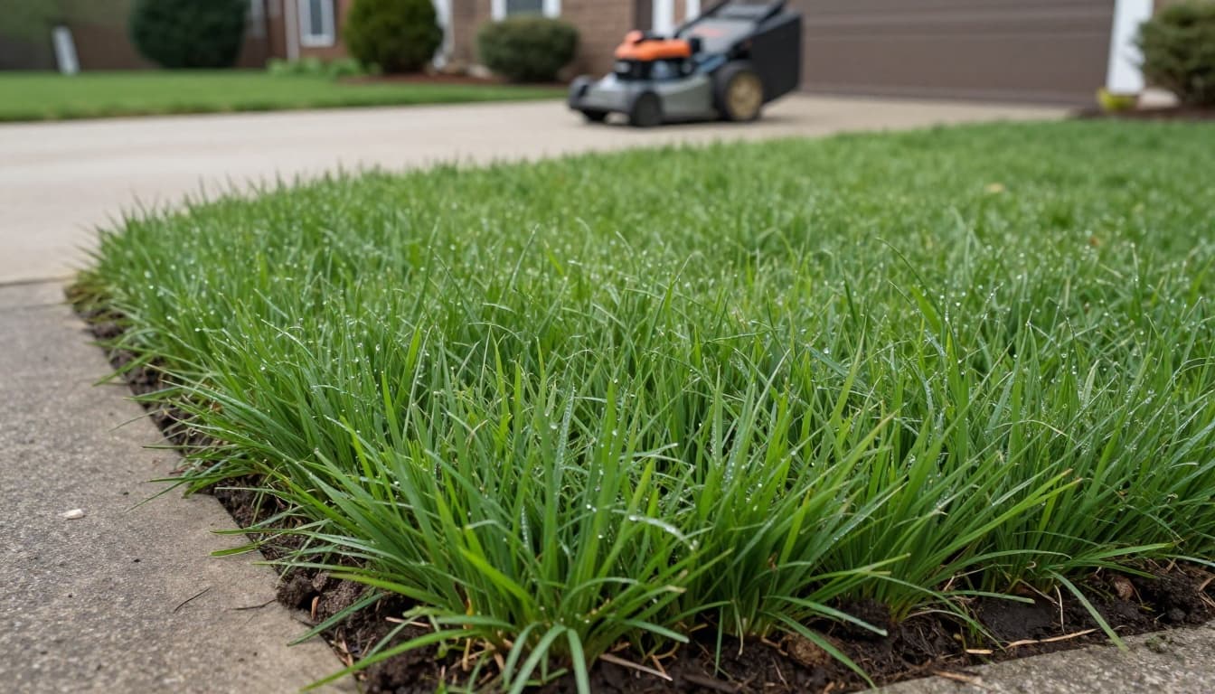 Clean, realistic photo of a well-scalped Bermuda grass lawn in an Atlanta suburban yard during early spring, with vibrant green shoots, morning dew, healthy stolons, and a mower in the background.