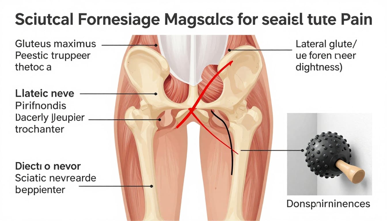 Medically accurate posterior view illustration of pelvis and upper thighs highlighting piriformis muscle, sciatic nerve path, and safe massage zones for deep glute pain relief.