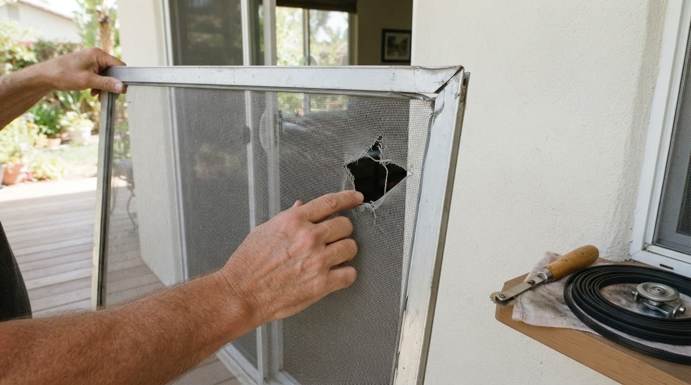 Hands inspect torn mesh and a bent frame on one screen door panel.