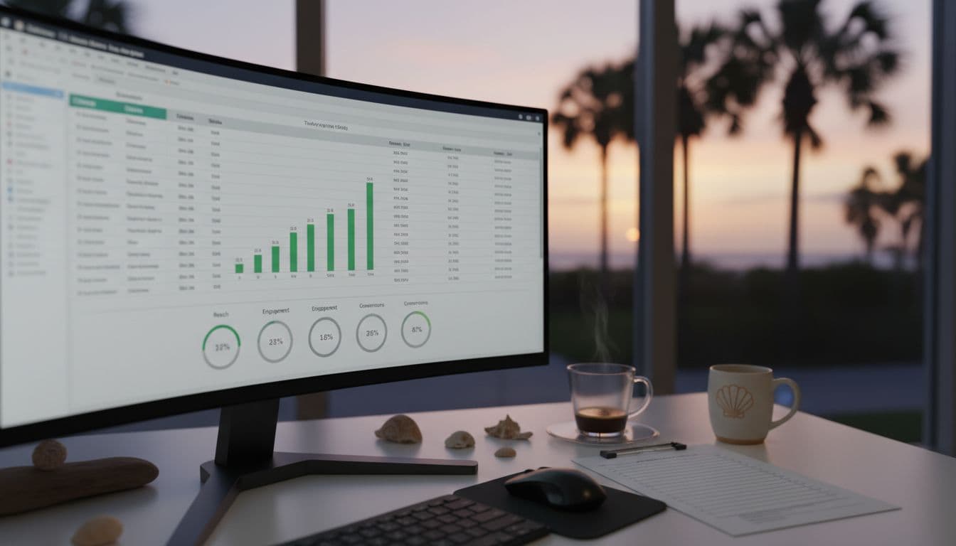 Photorealistic high-resolution landscape of a modern desk with a large monitor displaying a blurred SEO tracking dashboard featuring rising rankings, citations, and metrics graphs. Coastal Florida elements like a sand-colored mug with seashell, printed sheets, coffee, and background window with evening light and palm silhouettes create a successful Fort Myers office vibe.