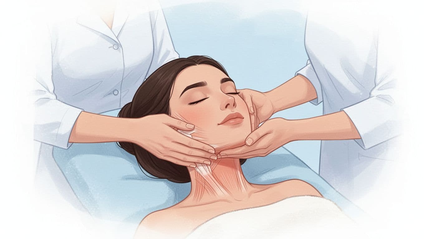 Vector illustration of a professional therapist gently massaging the jaw muscles of a relaxed client in a spa-like setting with soft lighting and calming neutral colors.