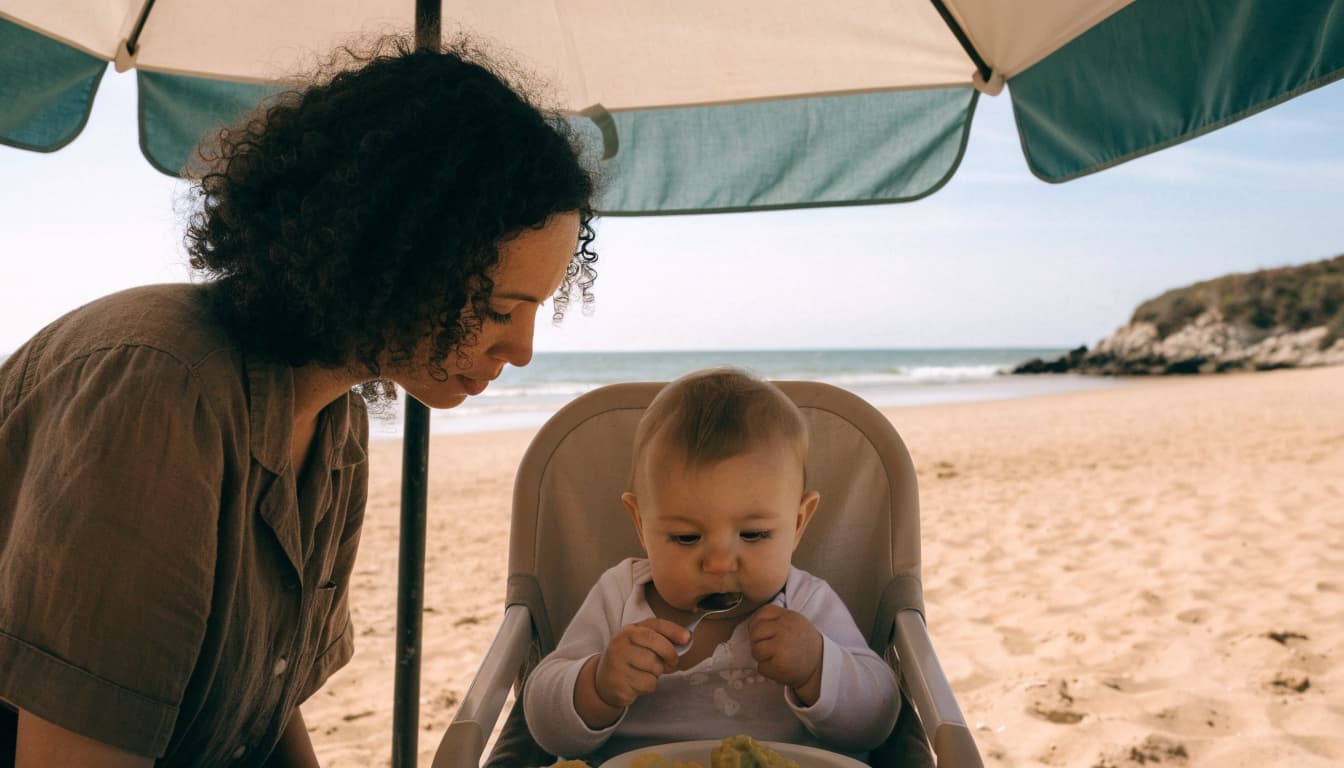 A caregiver supervises a seated baby eating under a beach umbrella.