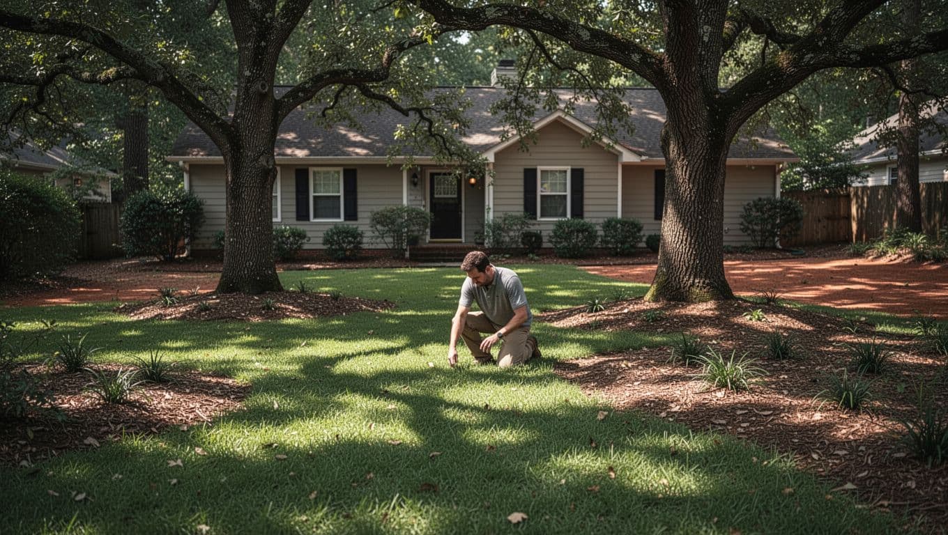 A detailed landscape of a shady Atlanta backyard featuring lush shade-tolerant Zoysia grass blending into mulch beds under mature oak trees, with dappled sunlight and a kneeling homeowner examining the lawn.