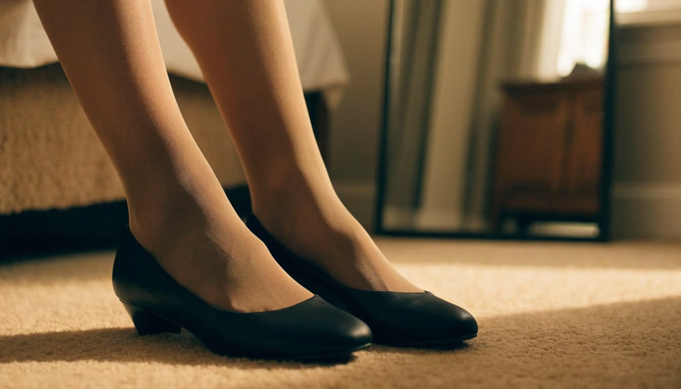 A close-up shot of legs wearing sheer tan pantyhose and black low-heeled pumps in a bedroom.
