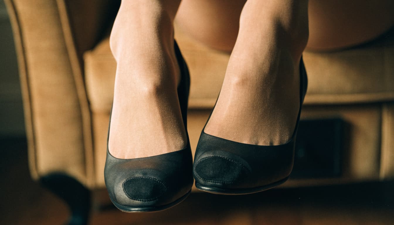 A close-up of a person wearing sheer hosiery and black closed-toe pumps seated on a tan armchair.