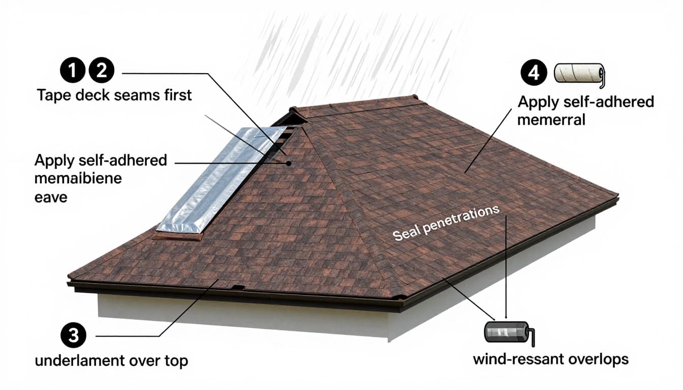 Labeled technical illustration depicting the three-step process for installing a secondary water barrier on a shingle roof deck in Southwest Florida, from deck preparation and seam taping to self-adhered membrane application and underlayment coverage.