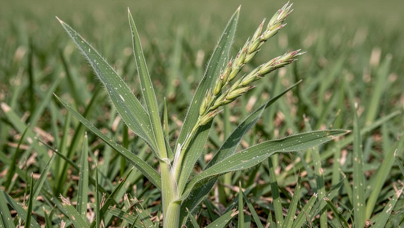 Ultra-clear macro botanical image of signalgrass (Urochloa/Brachiaria spp.) in St. Augustine turf, showcasing spreading growth, hairy leaves, sheath, ligule, and seedhead with racemes.