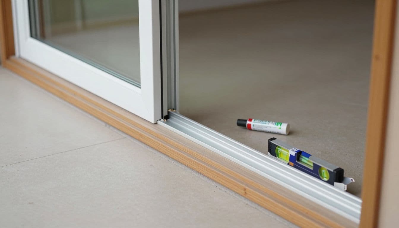 A bubble level and straightedge check a sliding patio door frame beside a narrow seal gap.