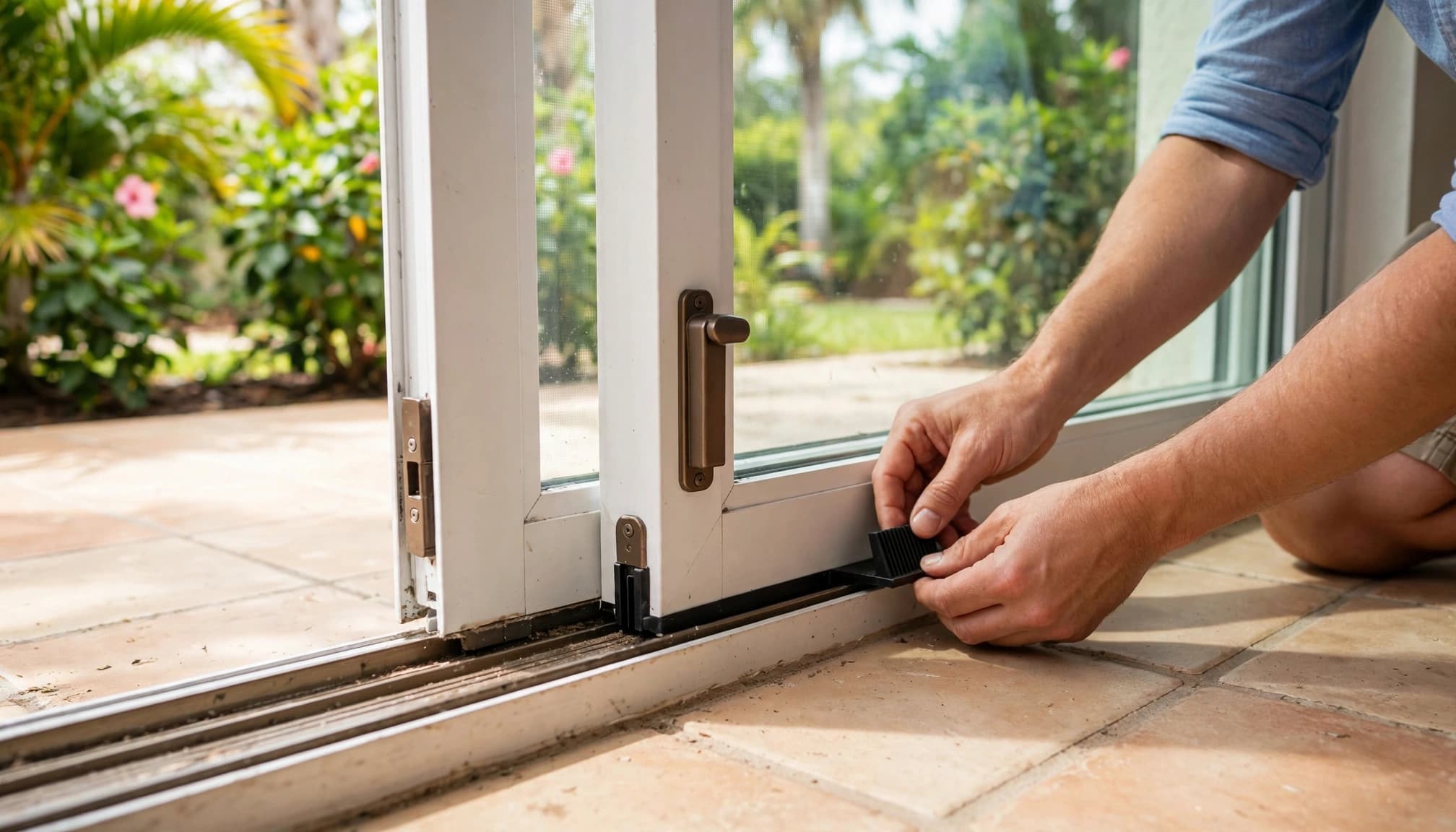 Hands position a bottom guide on a slightly open sliding glass patio door.