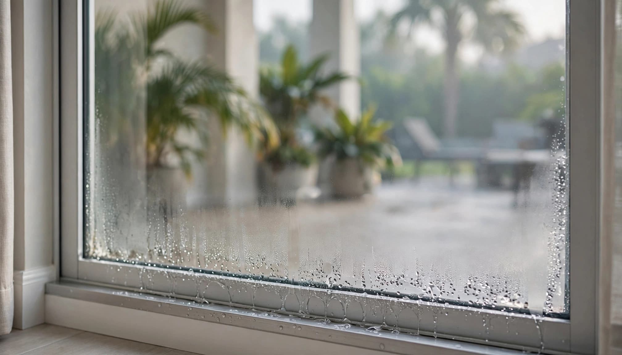 Small droplets collect along the bottom of a sliding glass door.