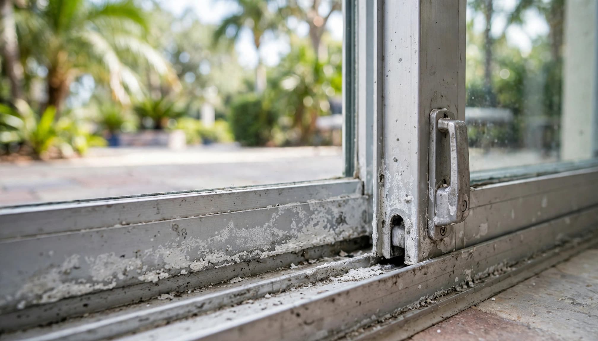 Close-up of white corrosion on an aluminum sliding glass door track and handle.