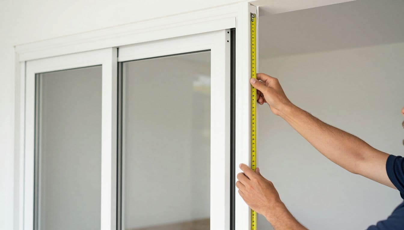 Homeowner checks a sliding glass door frame with a level, straightedge, and tape measure.