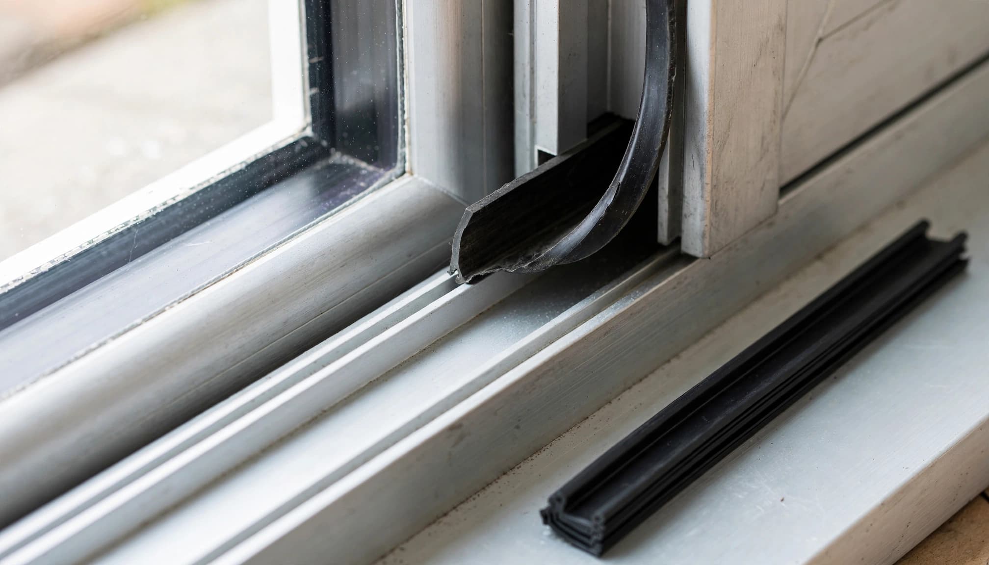 A lifted black gasket and a fresh strip beside the glass edge of a sliding door.