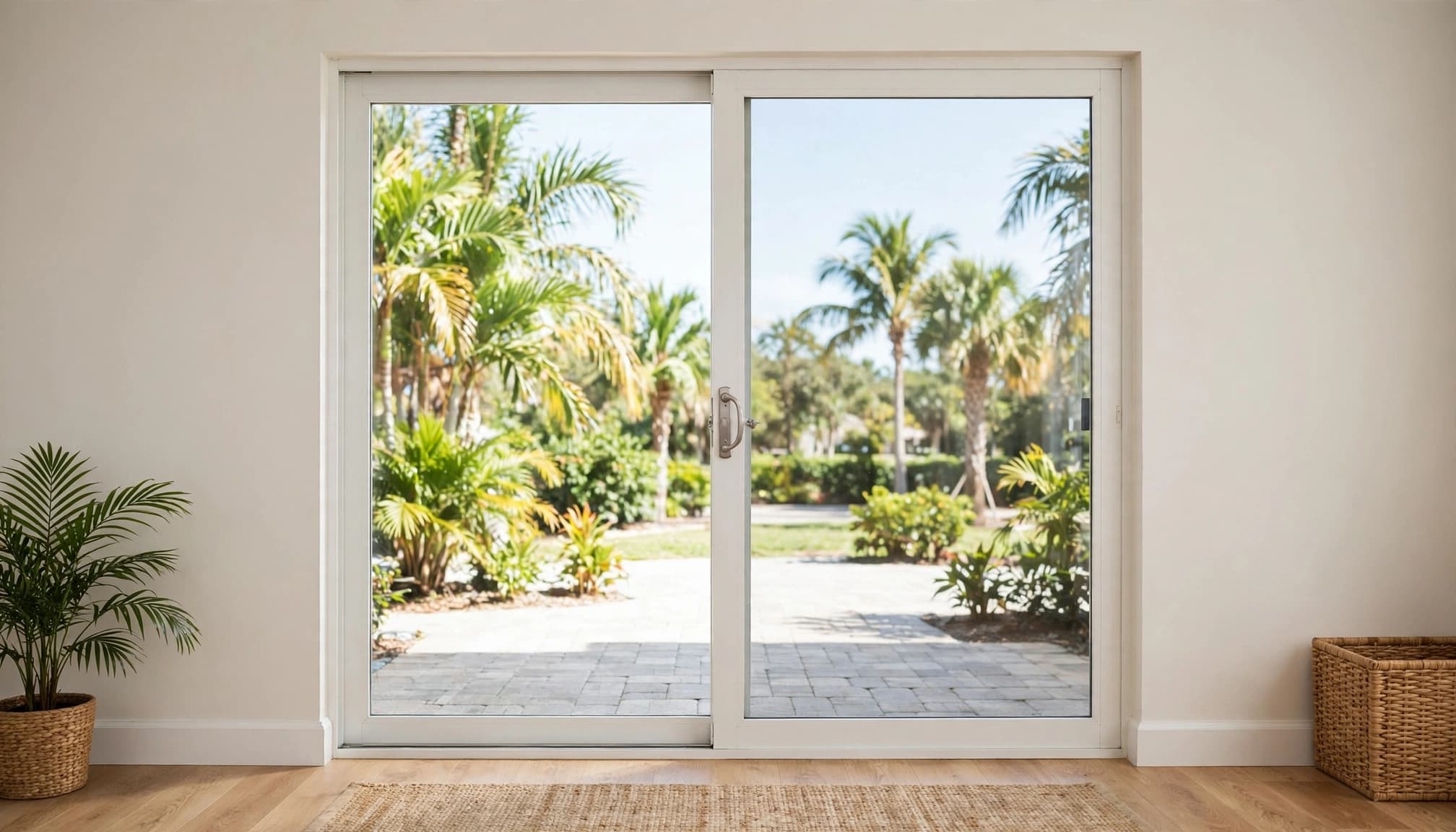 Centered sliding glass door with fixed and moving panels in a bright home.