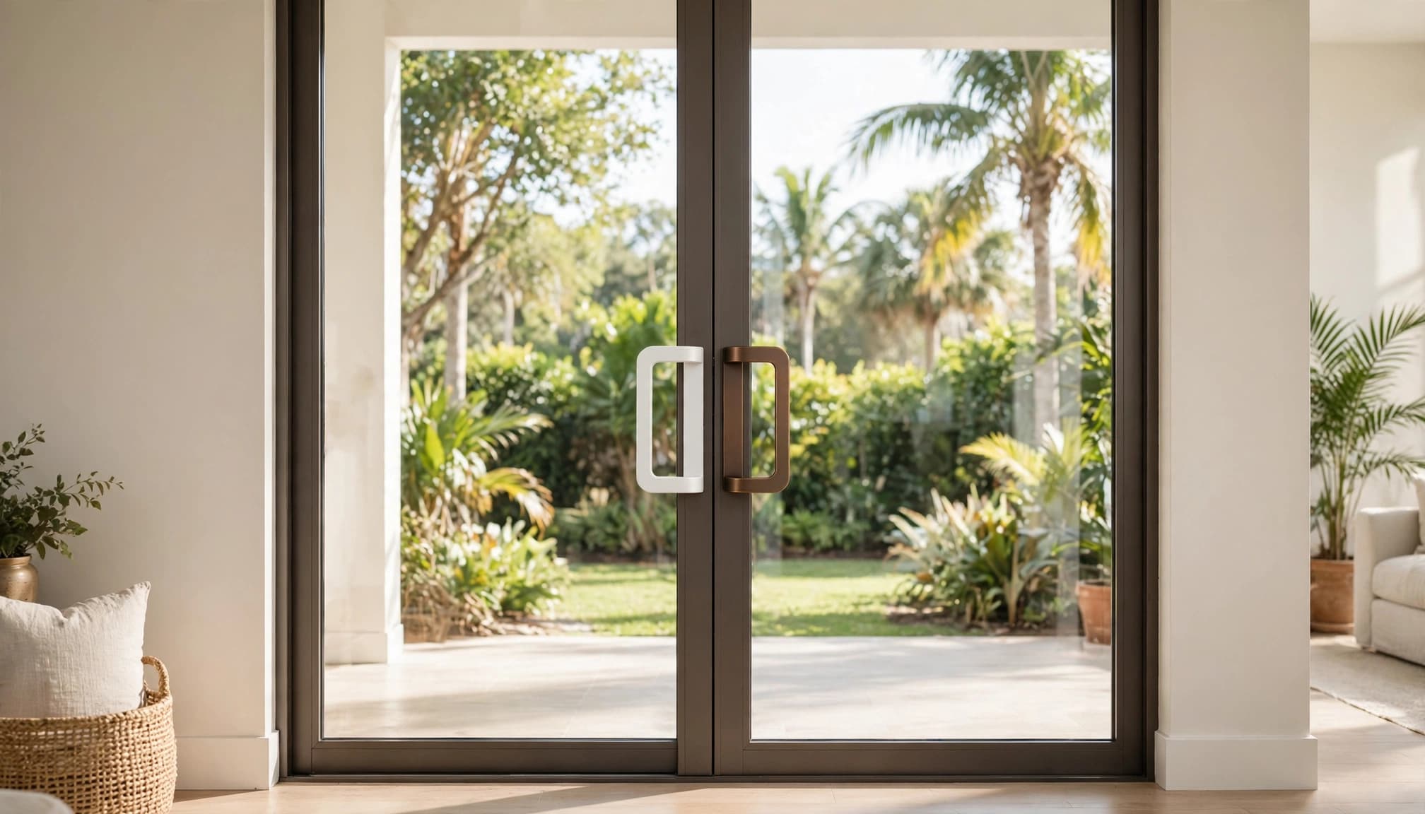 White and bronze handles mounted on a glass patio door beside a green garden.