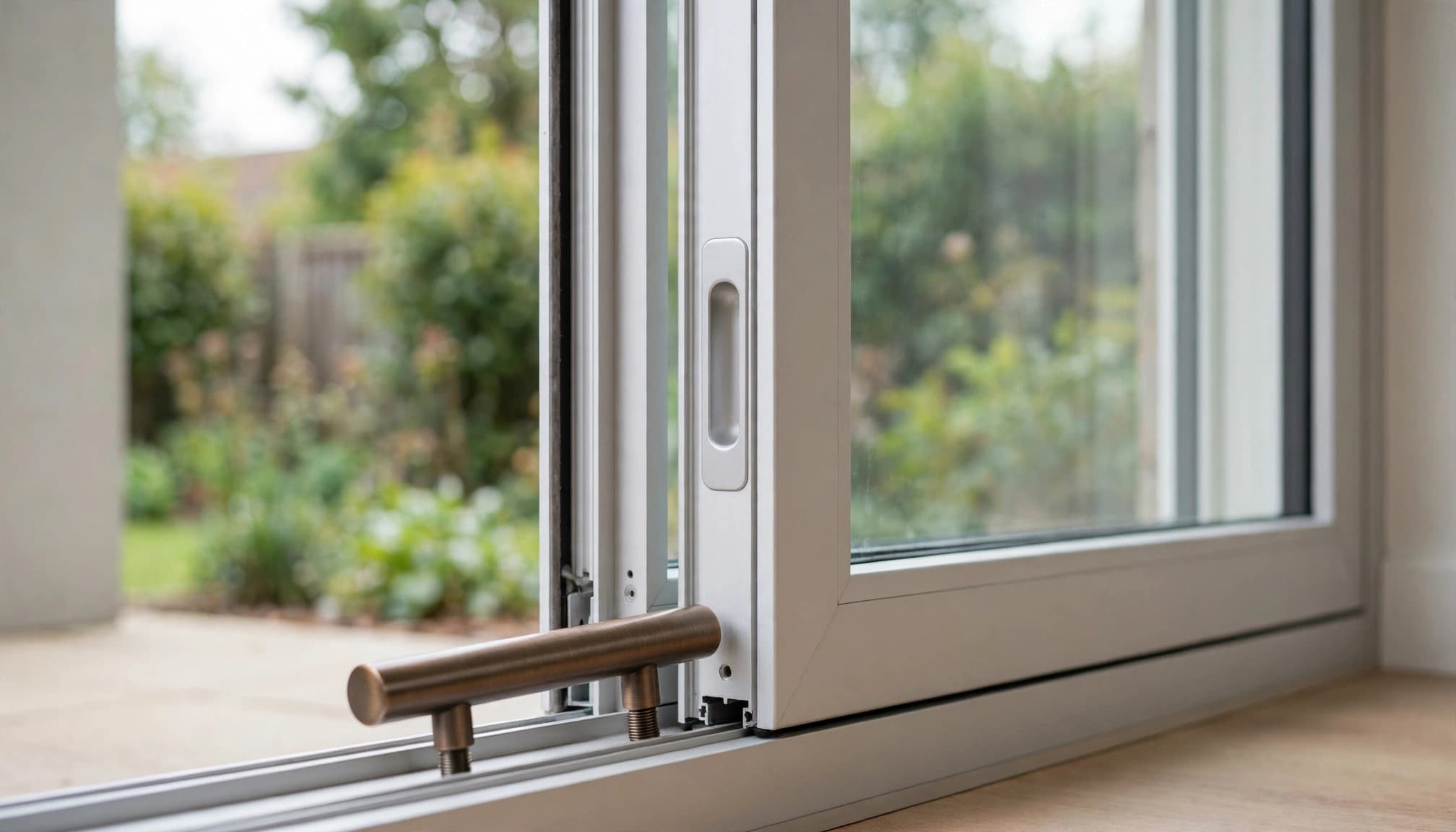 A bronze pull rests beside the recessed handle on a glass patio door.