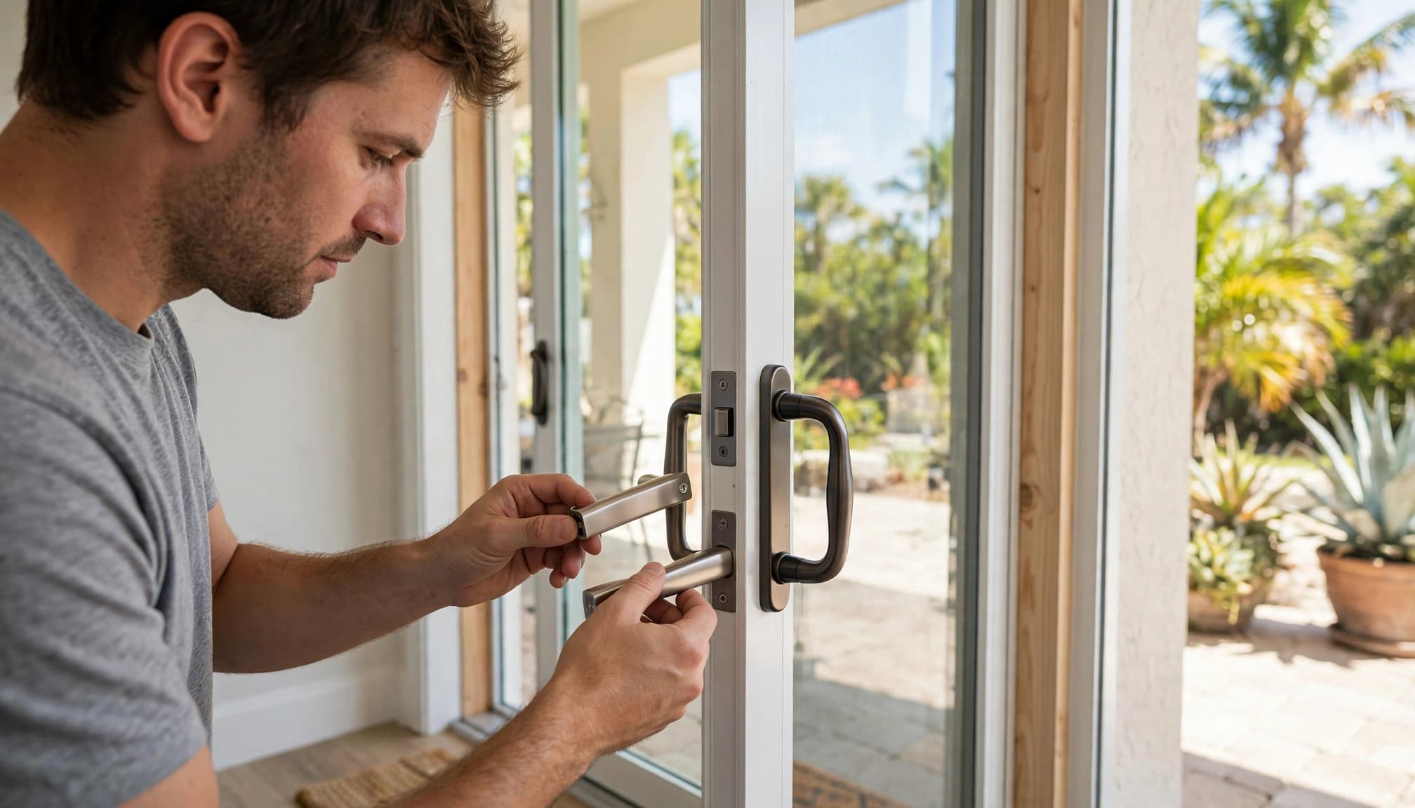 Homeowner comparing a replacement handle with hardware on a sliding patio door.