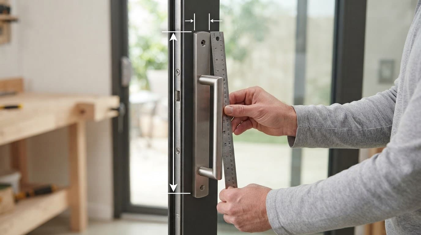 Homeowner measuring a sliding door handle with a metal ruler.