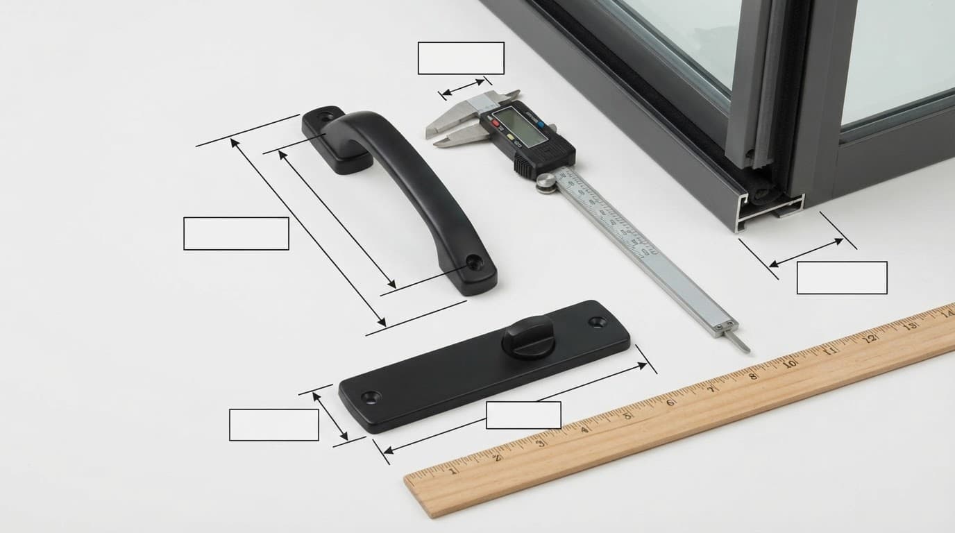 Handle, backplate, ruler, and caliper arranged to show replacement measurements.