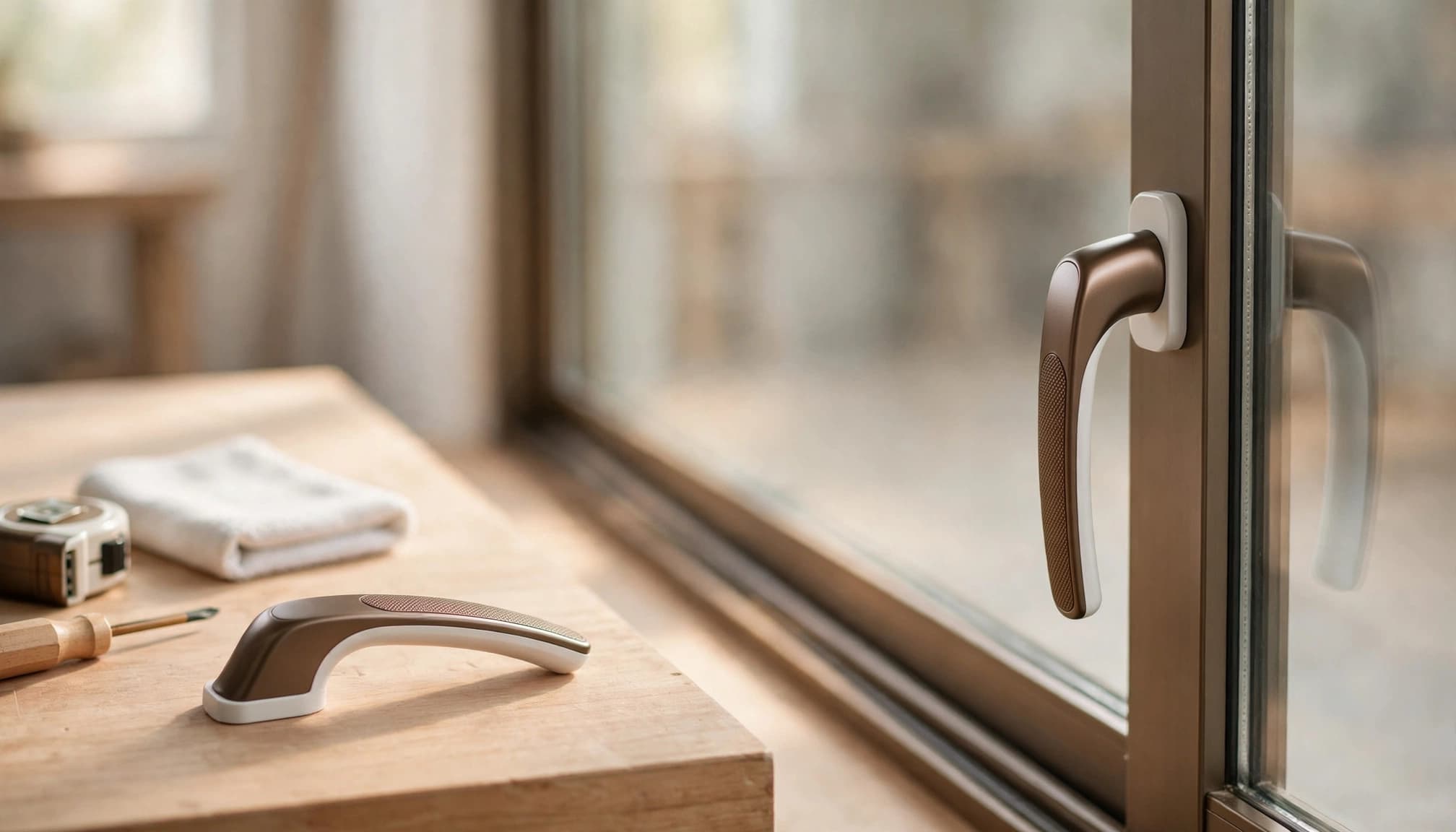 Two matching sliding door handles rest on a workshop bench beside a glass door edge.
