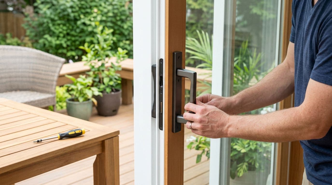 Homeowner aligning a replacement handle on a sliding glass door.
