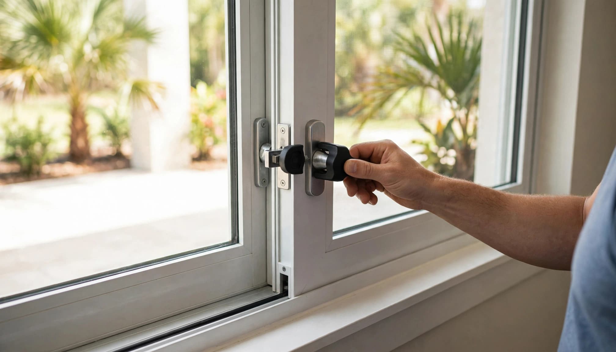 Homeowner positioning a new handle over hardware on a sliding glass patio door.