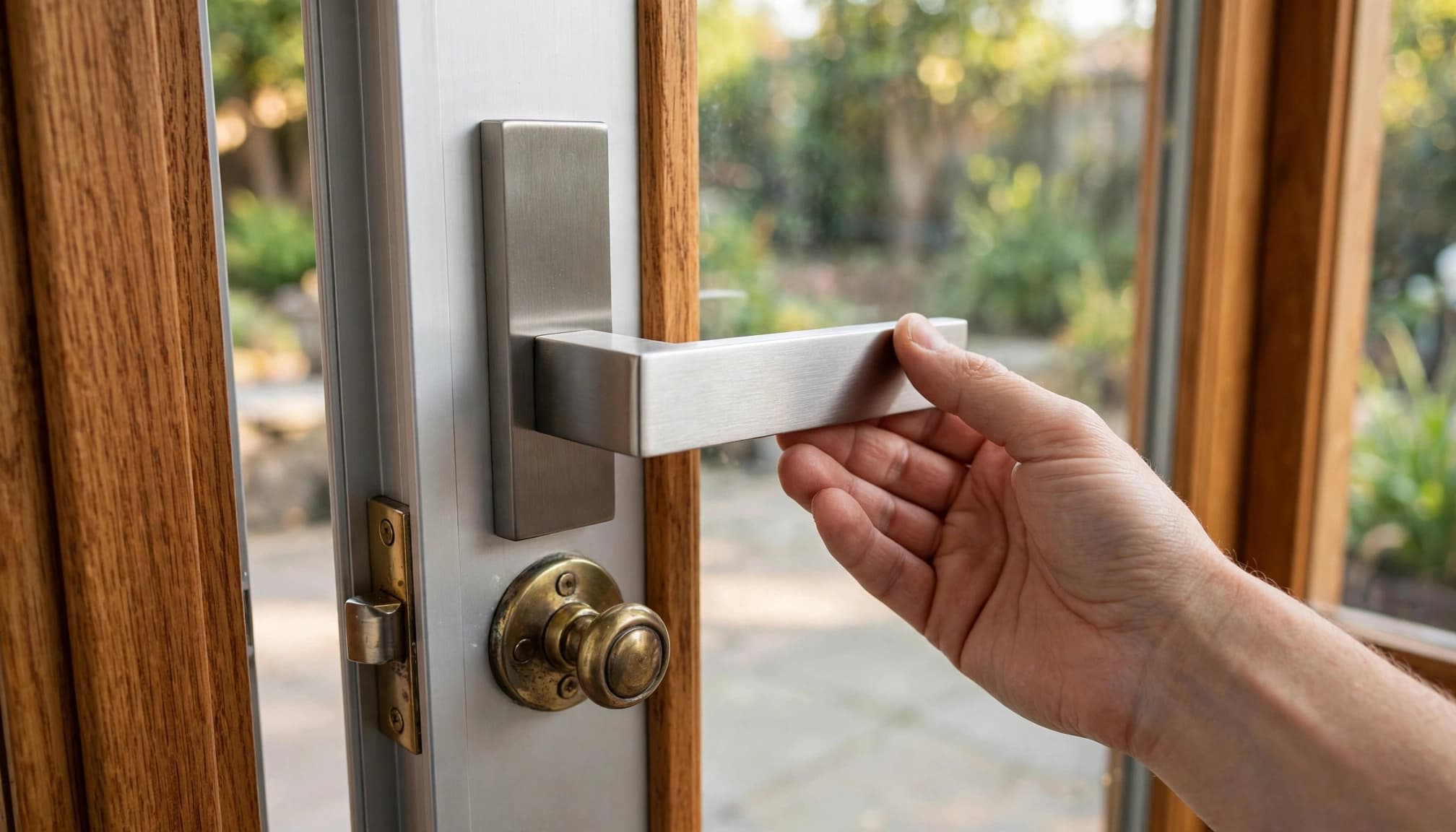 A hand positions a brushed metal handle over a sliding glass door latch.