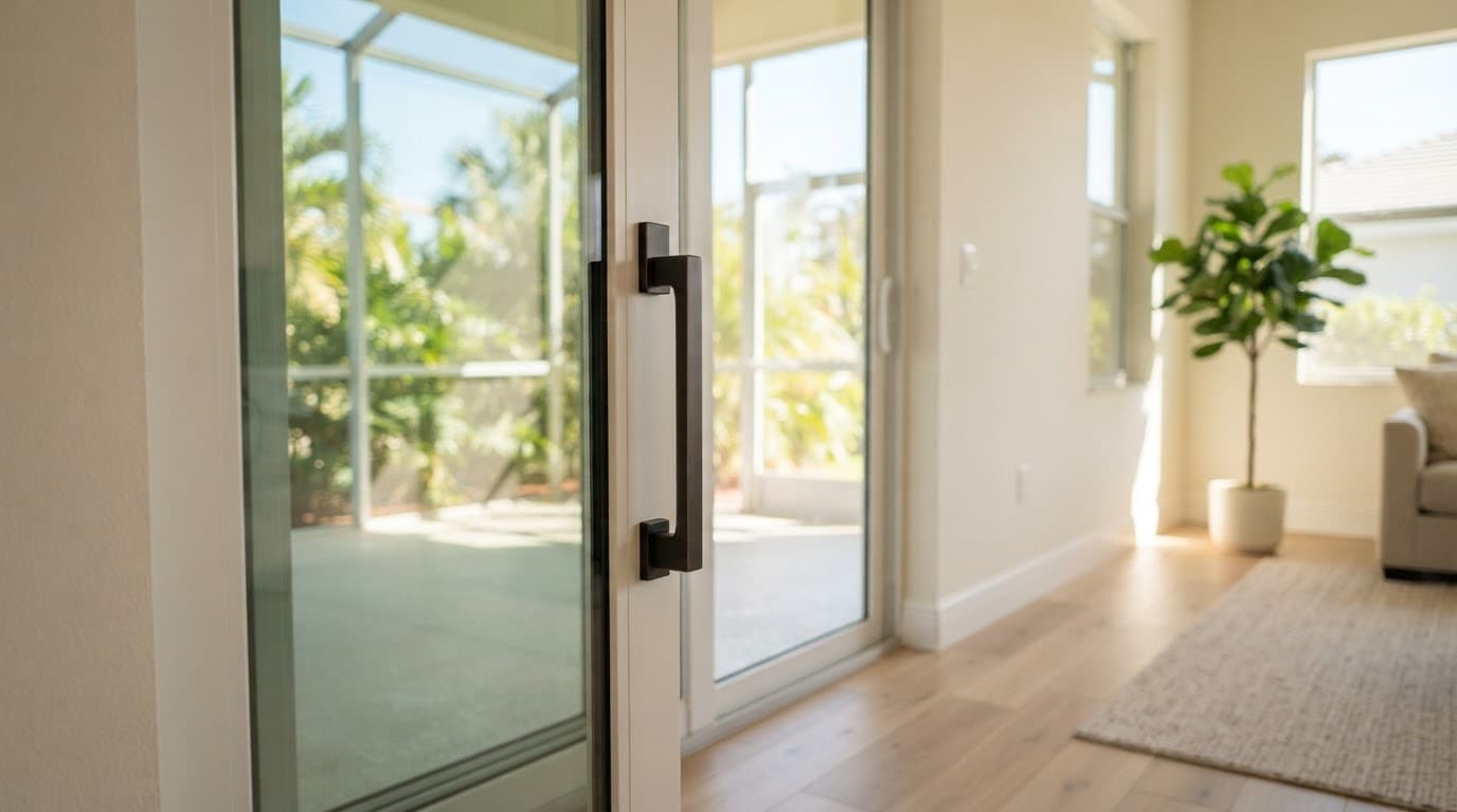 A new vertical handle mounted on a glass patio door beside a sunny lanai.