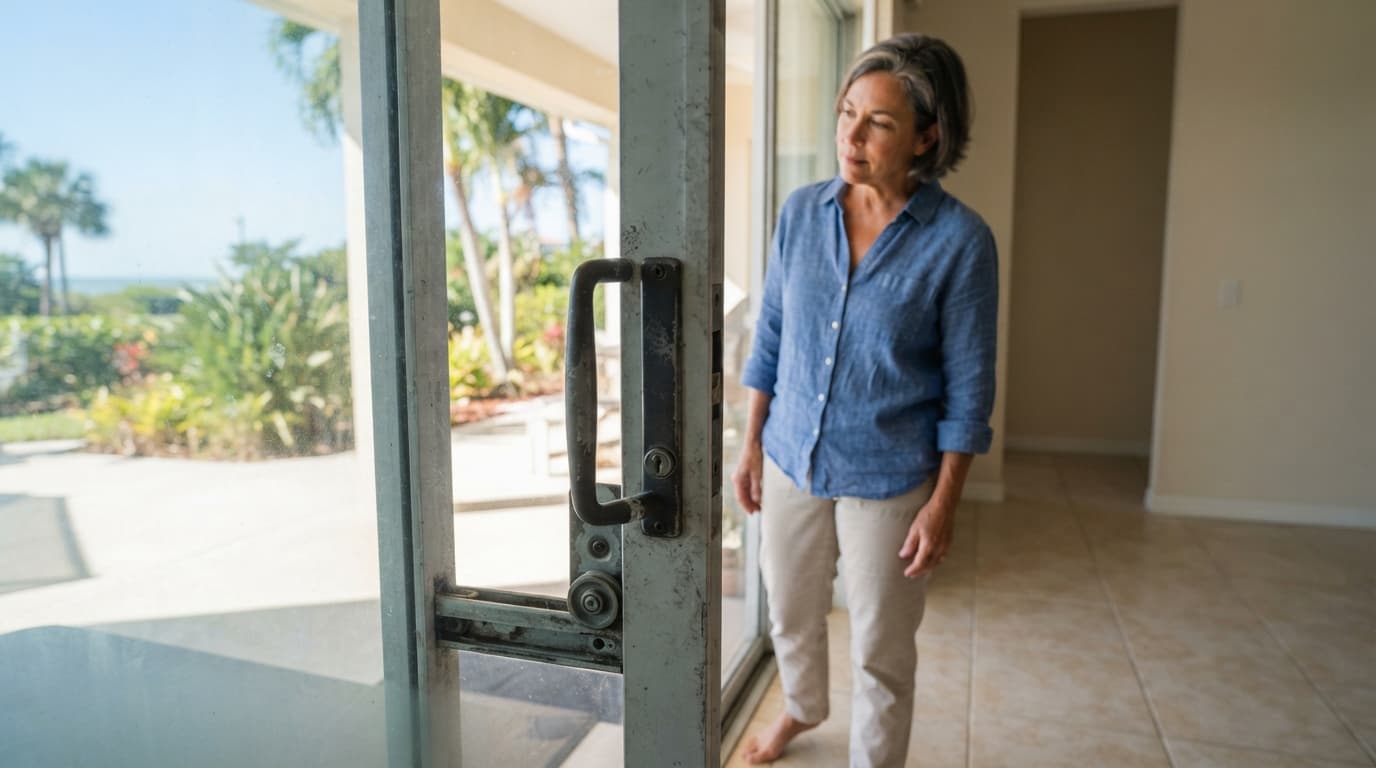 A homeowner examines worn sliding door hardware beside a bright patio.