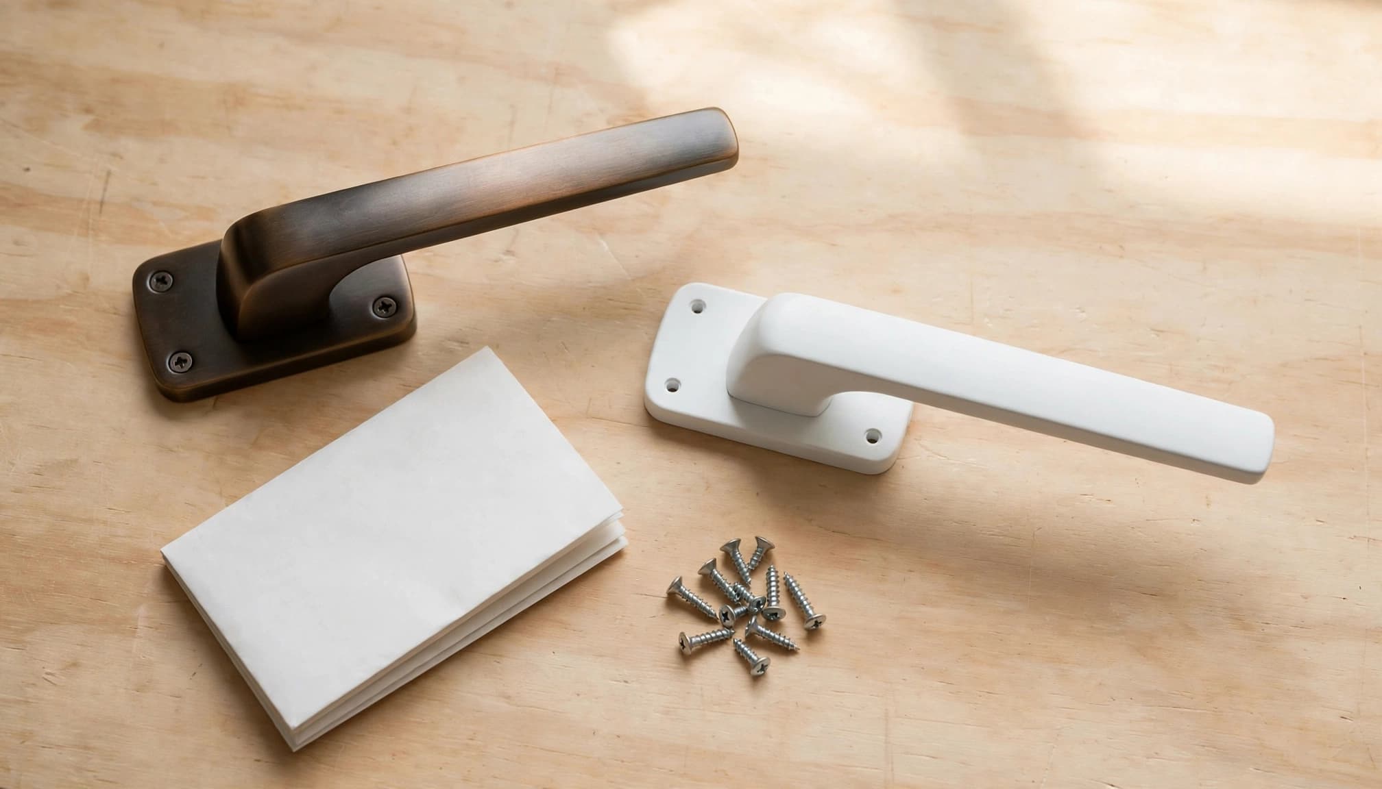 Sliding door handles, fasteners, and a folded instruction sheet on a wooden workbench.