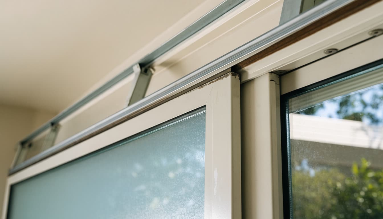 A slightly open glass patio door rubs against its upper frame.