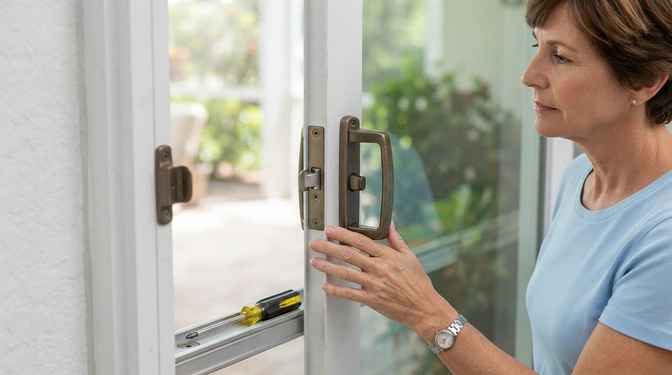 Homeowner inspecting a sliding glass door lock with a screwdriver nearby.