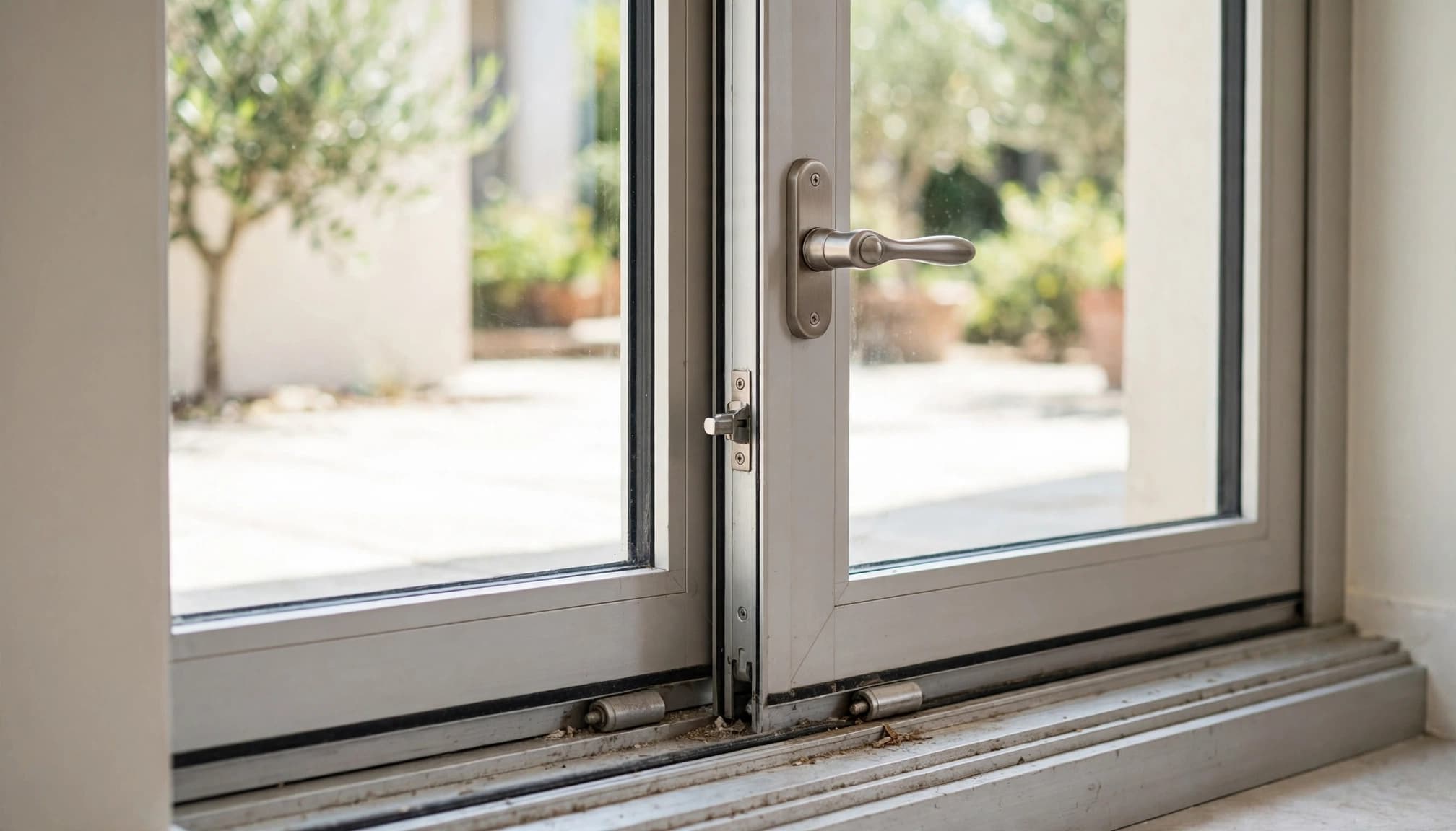 Sliding glass patio door with a misaligned meeting stile, handle, rollers, and threshold.