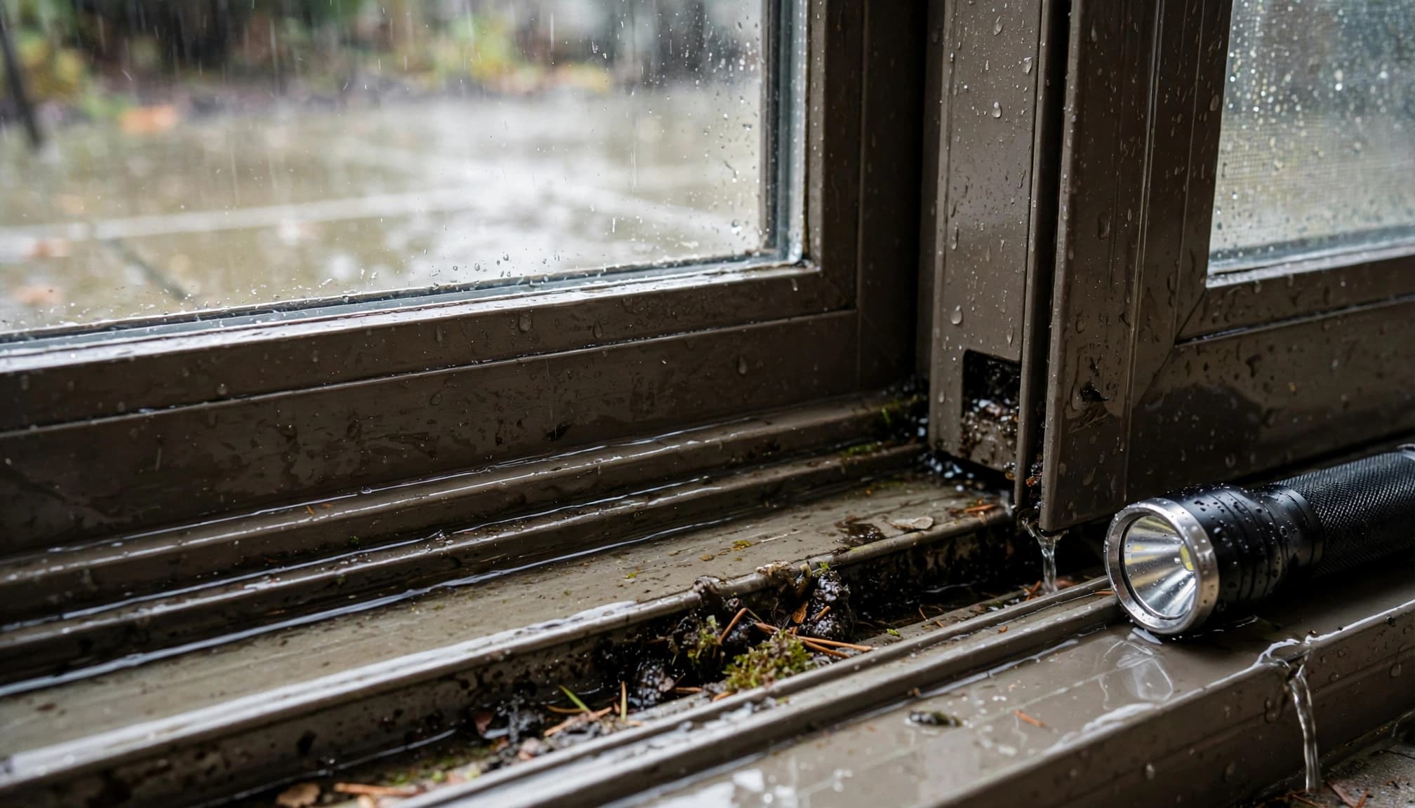 Rainwater collects in a clogged sliding door track beside a small flashlight.