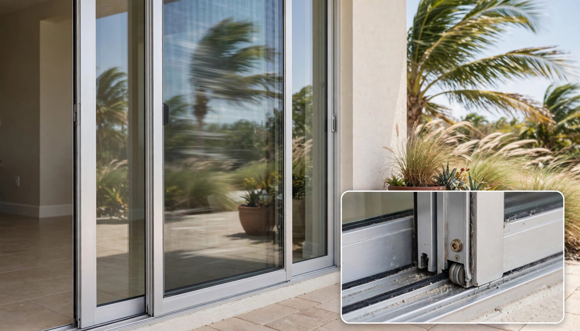 Sliding glass door with exposed frame, rollers, weatherstripping, and lower track.